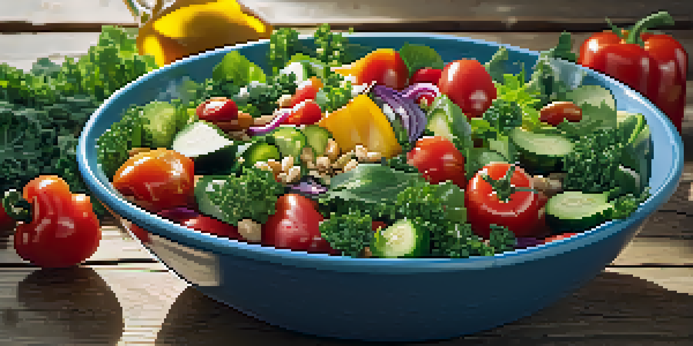 A colorful raw salad bowl with kale, cherry tomatoes, cucumbers, and bell peppers, topped with seeds and olive oil, placed on a wooden table under sunlight.