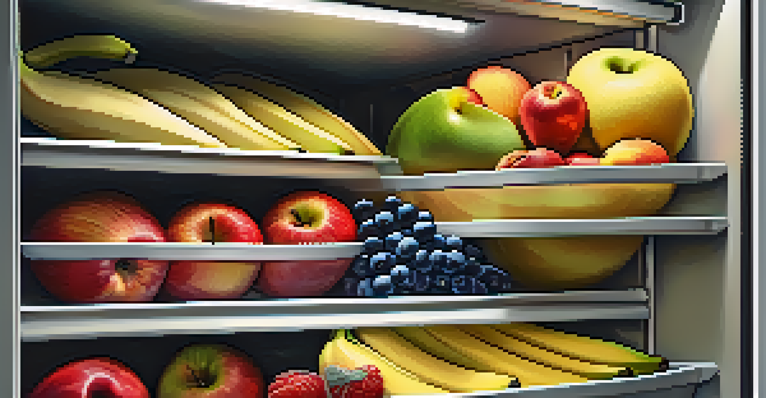 An organized refrigerator with various fruits stored in different compartments, showcasing effective storage solutions.