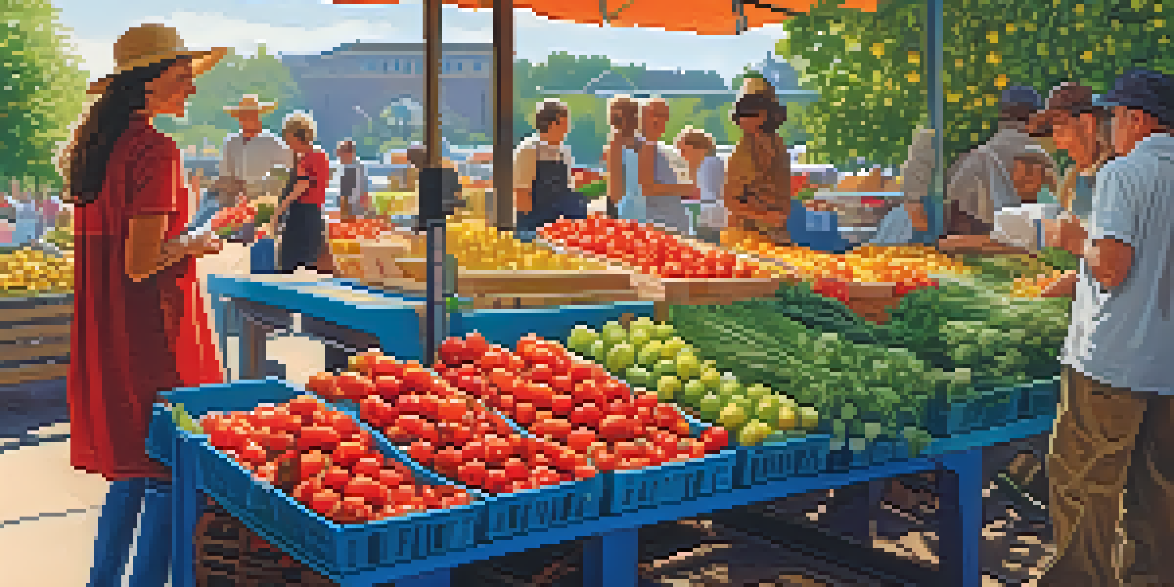 A bustling farmers' market filled with colorful organic fruits and vegetables under natural sunlight.