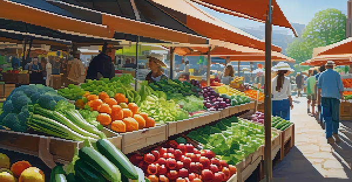 A lively farmer's market filled with fresh produce, vibrant colors, and engaged shoppers.