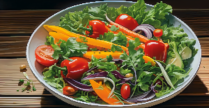 A colorful salad bowl filled with fresh raw vegetables like leafy greens, bell peppers, and carrots, garnished with seeds and a raw dressing.