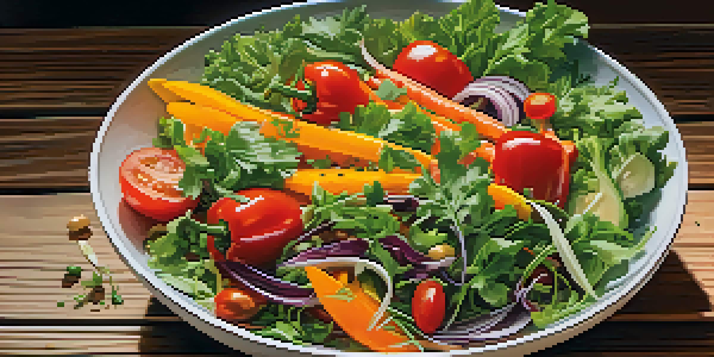 A colorful salad bowl filled with fresh raw vegetables like leafy greens, bell peppers, and carrots, garnished with seeds and a raw dressing.