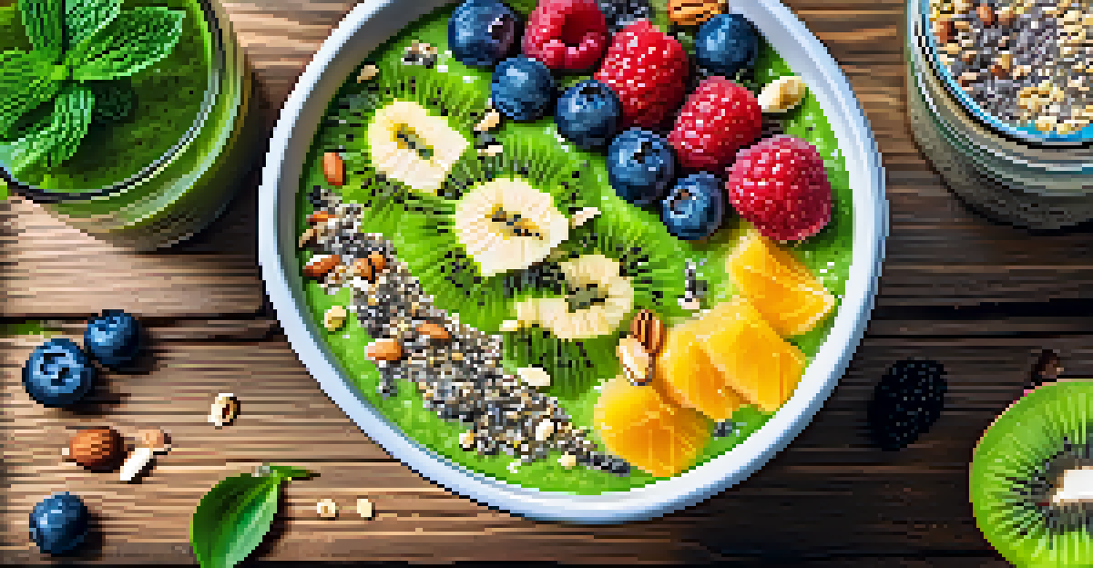 A close-up view of a green smoothie bowl topped with fruits and seeds on a wooden table.