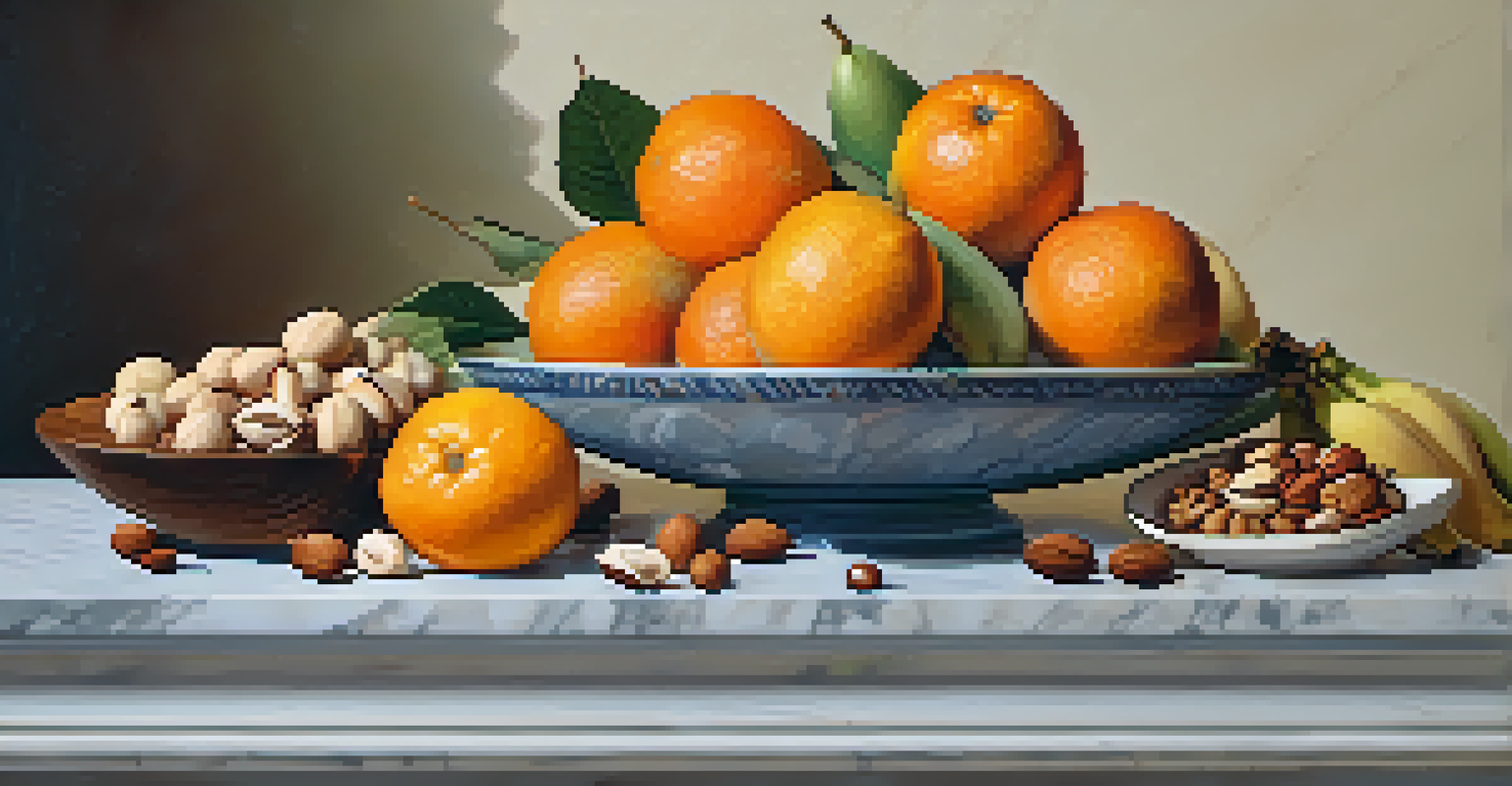 A beautiful arrangement of fresh fruits and nuts on a marble countertop, showcasing vibrant colors and textures.
