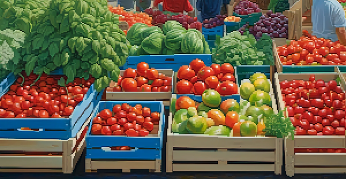 A bustling farmer's market filled with colorful seasonal fruits and vegetables, featuring farmers and customers under a sunny sky.