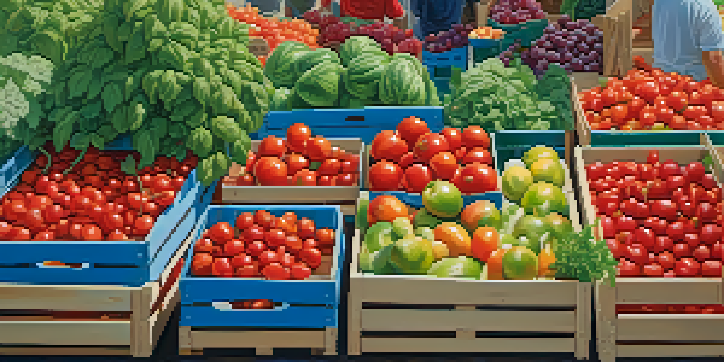 A bustling farmer's market filled with colorful seasonal fruits and vegetables, featuring farmers and customers under a sunny sky.