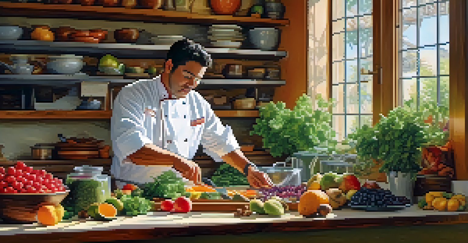 A chef preparing raw ingredients in a bright kitchen, surrounded by fresh fruits, nuts, and herbs.