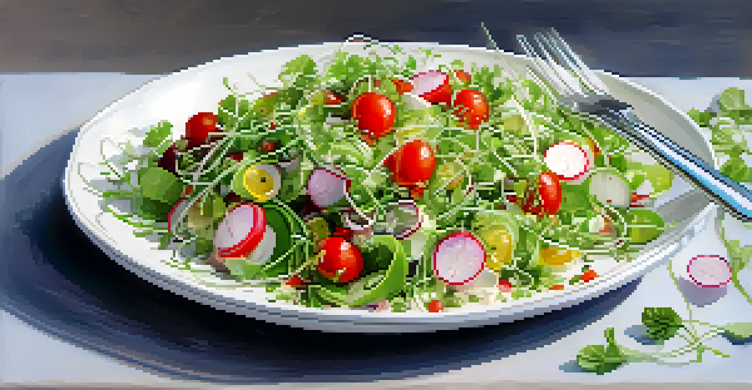 An overhead view of a colorful salad topped with mixed sprouts and fresh vegetables.