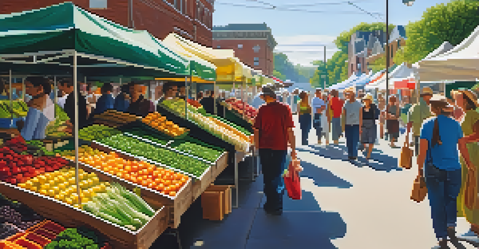 A lively farmer's market with stalls of fresh organic fruits and vegetables, filled with people enjoying the atmosphere.