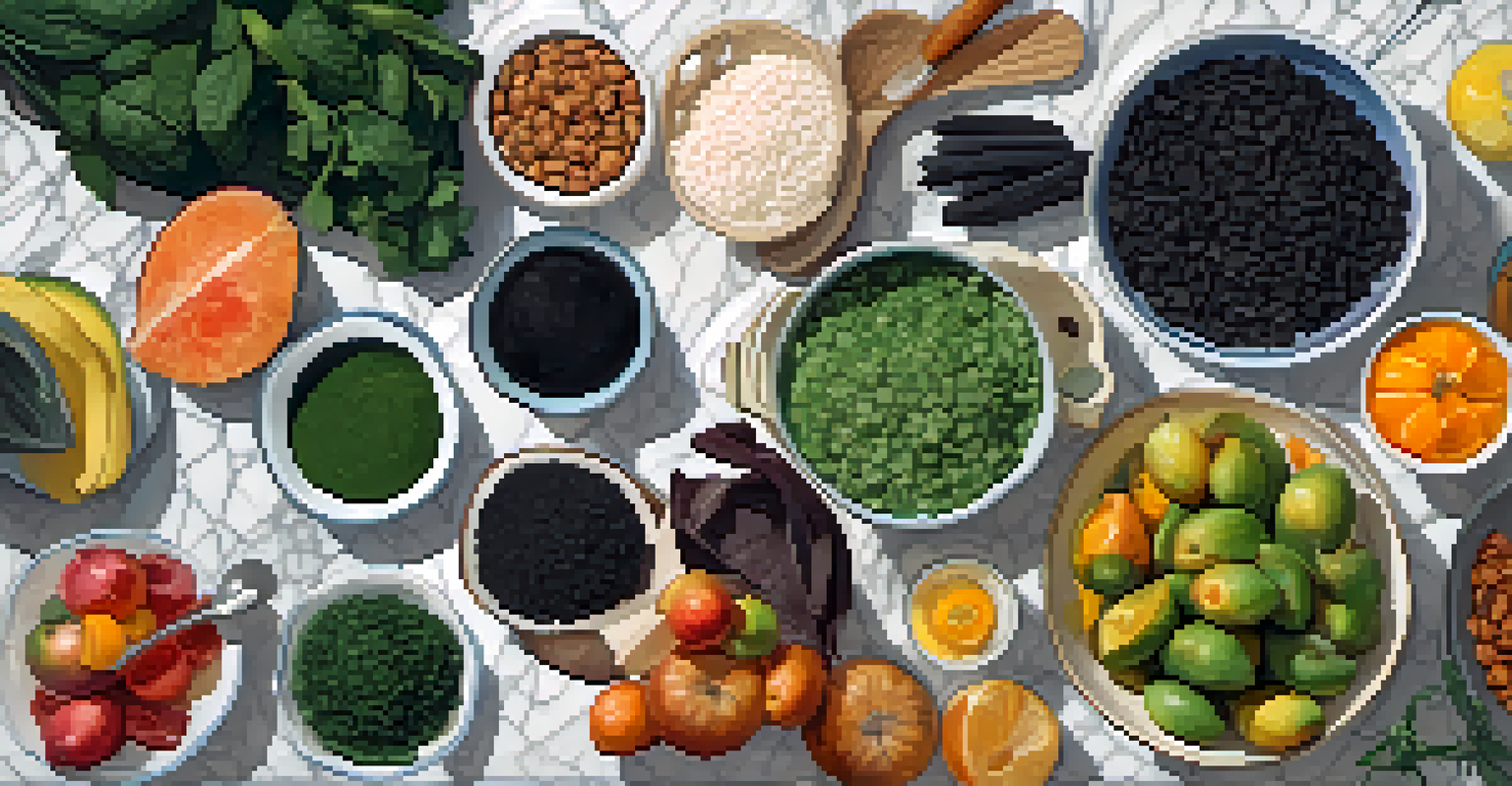 An overhead view of a raw food preparation scene with fresh ingredients and a person chopping vegetables.