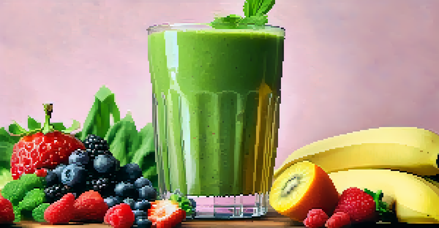 A clear glass filled with bright green smoothie, garnished with banana slices and berries, on a wooden table with whole fruits and vegetables.