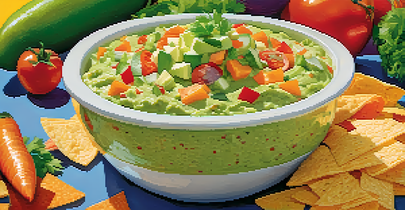 A bowl of guacamole with tortilla chips and sliced vegetables, garnished with tomatoes and lime, creating a festive snack arrangement.