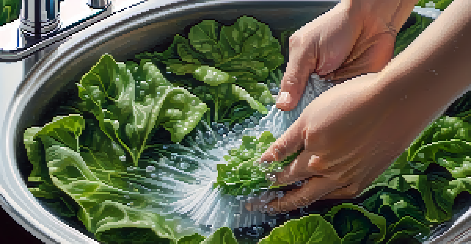 A hand washing leafy greens under running water, showcasing fresh produce and cleanliness.