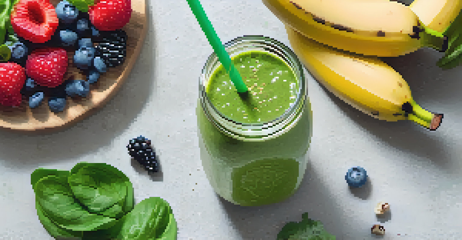 An overhead view of a green smoothie surrounded by fresh ingredients like banana and chia seeds on a wooden surface.