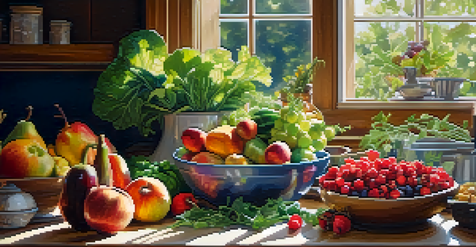 A bright kitchen showcasing an assortment of colorful raw foods on a countertop, with sunlight illuminating the scene.