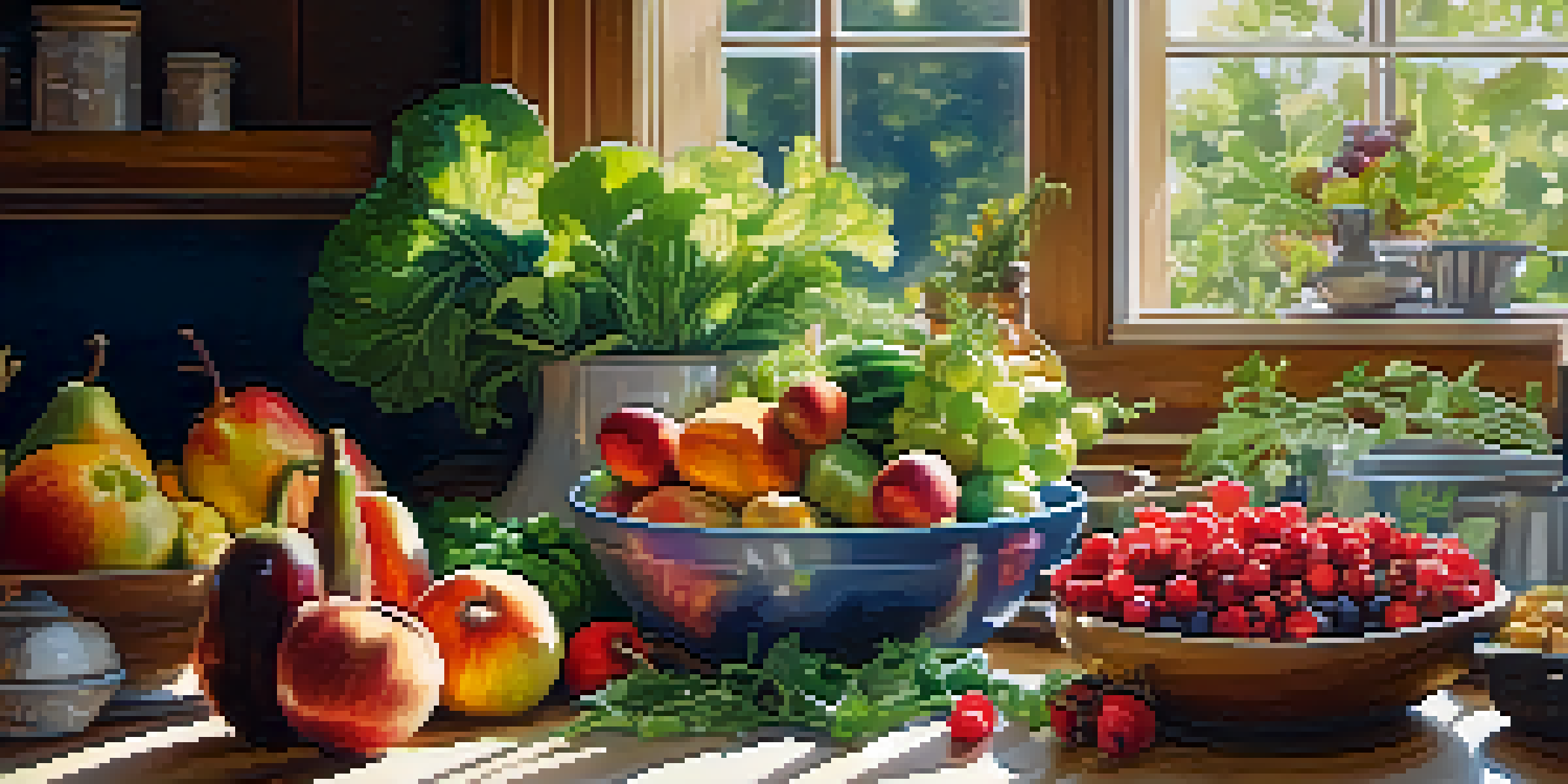 A bright kitchen showcasing an assortment of colorful raw foods on a countertop, with sunlight illuminating the scene.