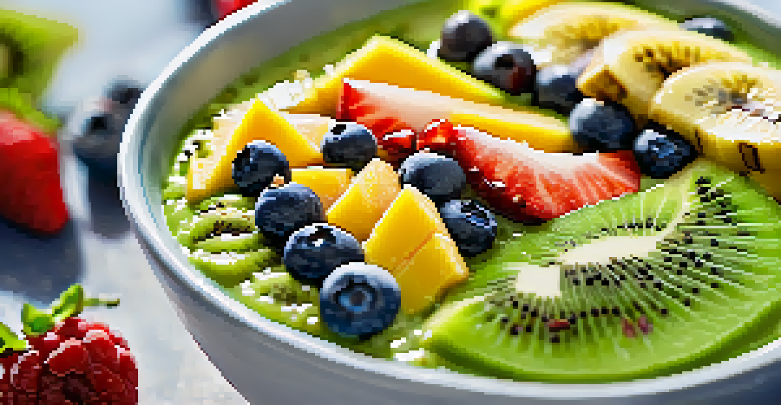 A close-up of a smoothie bowl filled with vibrant green smoothie and topped with colorful fruits and nuts, set against a blurred kitchen background.