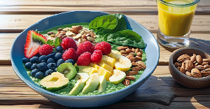 A colorful smoothie bowl with leafy greens and fruits, garnished with nuts, on a wooden table, illuminated by morning sunlight.