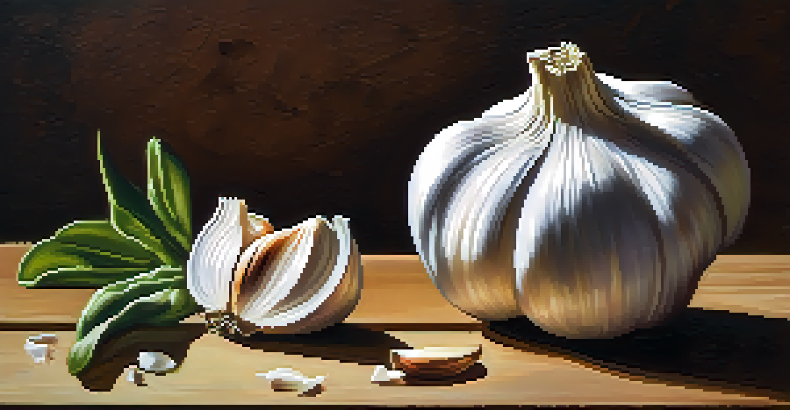 Close-up of raw garlic cloves and minced garlic on a cutting board, showcasing their textures in soft light.