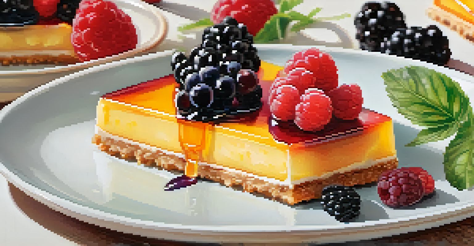 A slice of raw fruit tart on a plate with colorful fruits and honey drizzle.