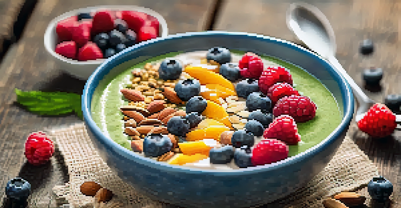 An overhead view of a detox smoothie bowl topped with berries, chia seeds, and nuts on a wooden table.