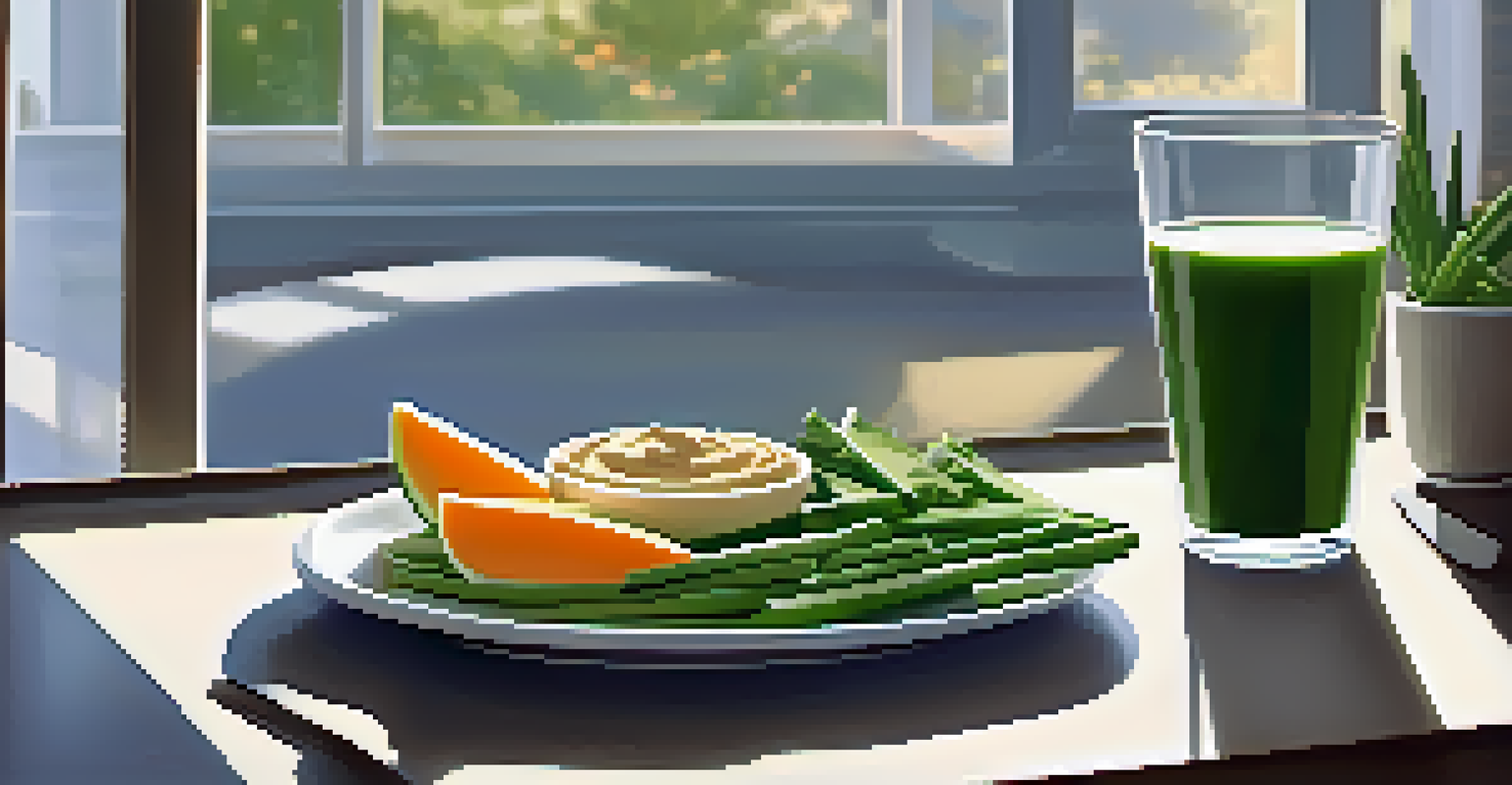 A peaceful breakfast table with a glass of green juice, raw vegetable sticks, and hummus, illuminated by soft morning light from a window.