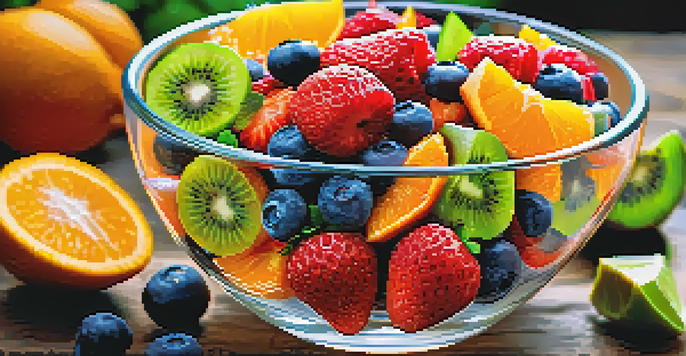 A colorful fruit salad in a clear bowl with strawberries, blueberries, kiwi, and orange slices, garnished with lime and mint on a wooden table.