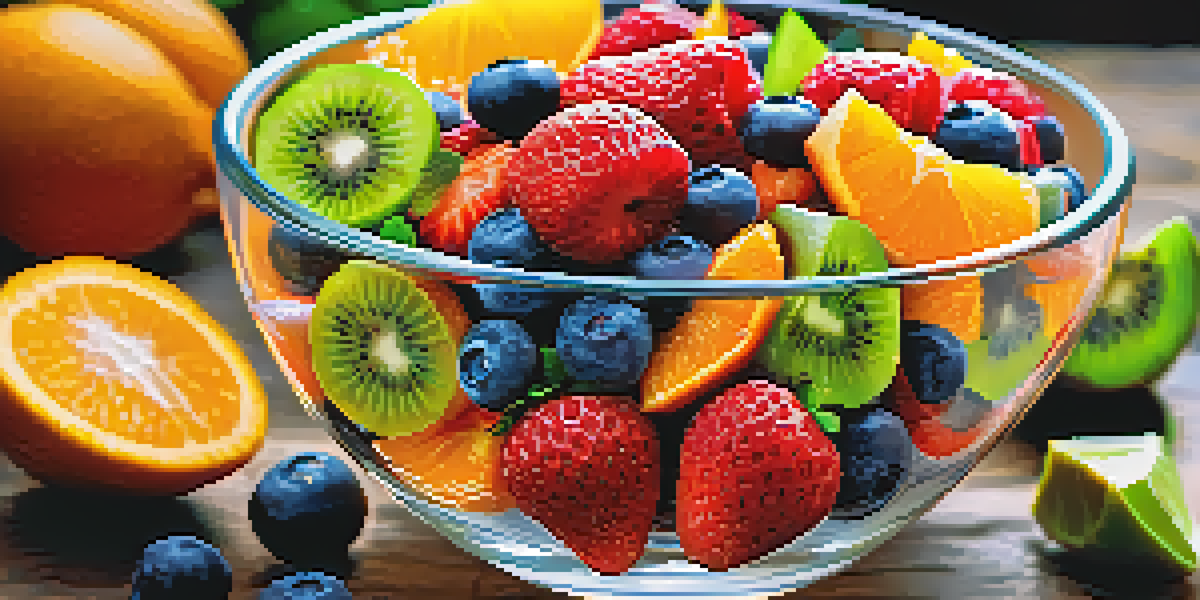 A colorful fruit salad in a clear bowl with strawberries, blueberries, kiwi, and orange slices, garnished with lime and mint on a wooden table.