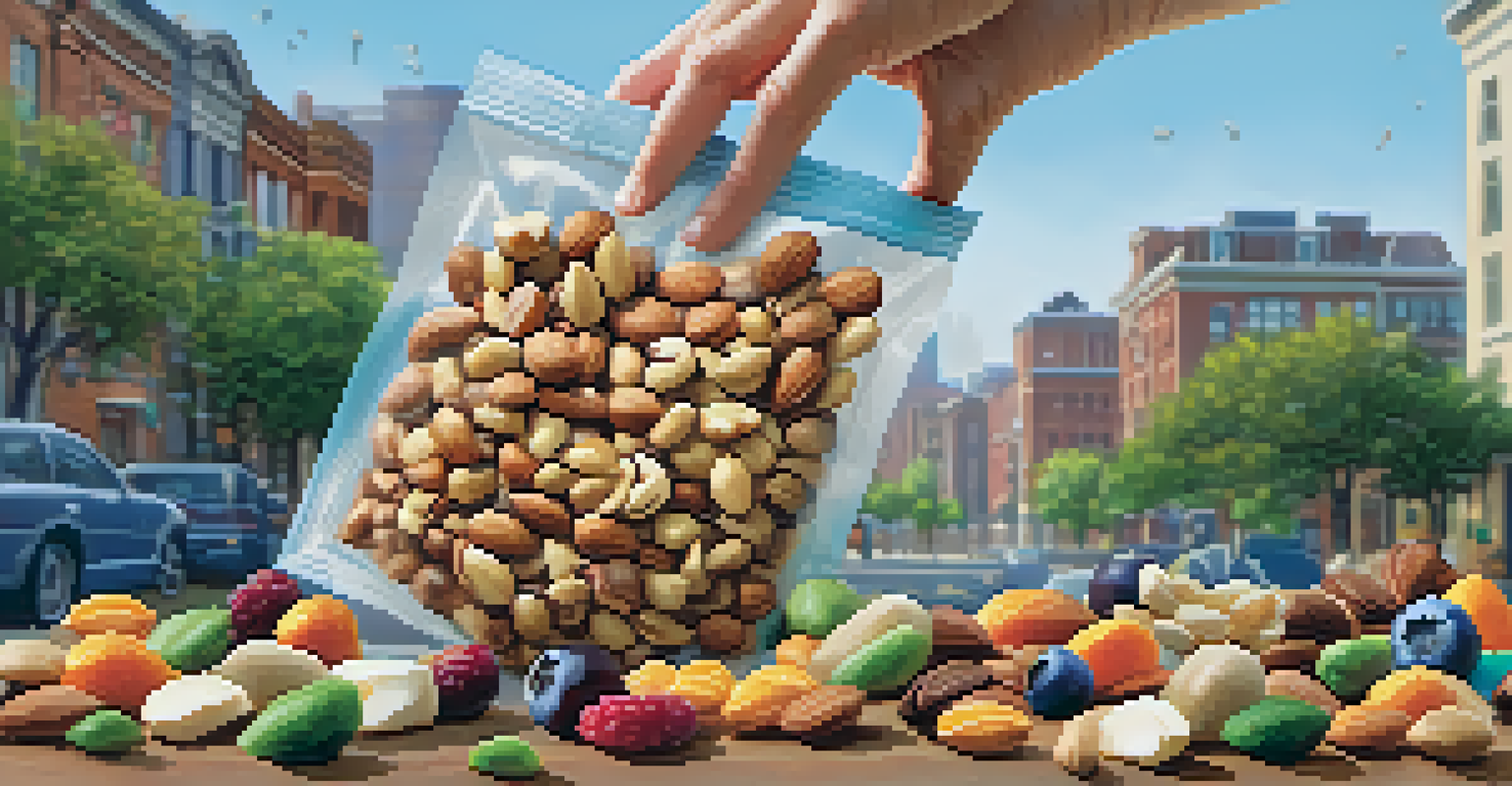 A close-up of a hand reaching for a raw energy bite from a resealable bag, with a busy urban background highlighting healthy snacking on the go.