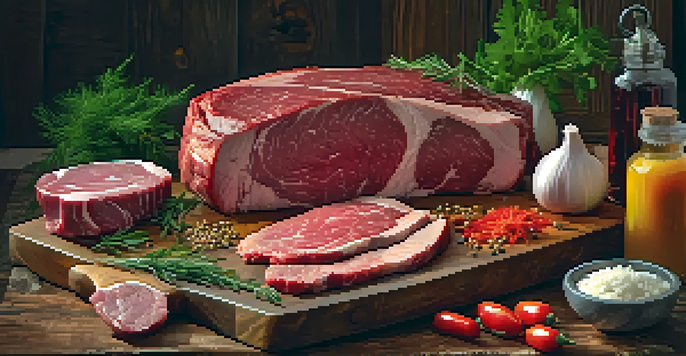 A butcher's block with various fresh cuts of meat, including ribeye steak and tenderloin, surrounded by spices and herbs in warm lighting.