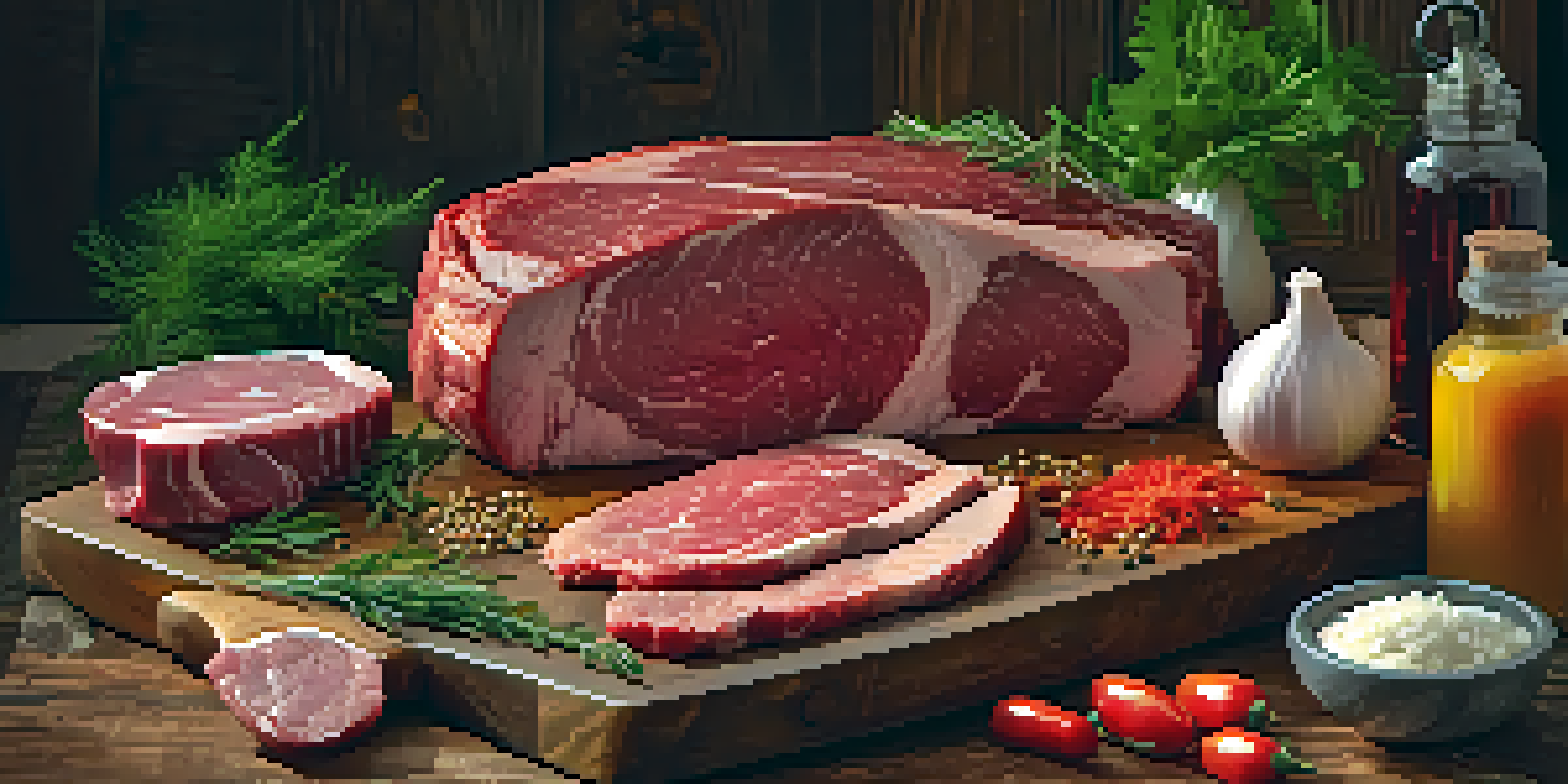 A butcher's block with various fresh cuts of meat, including ribeye steak and tenderloin, surrounded by spices and herbs in warm lighting.