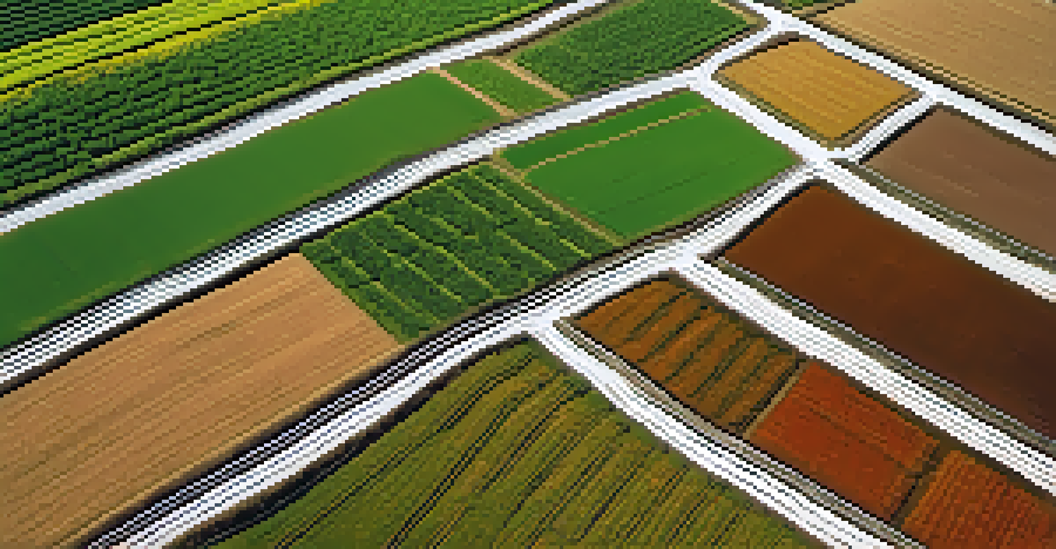 Aerial view of a sustainable farm with diverse crops in neat rows, showing a farmer walking through the fields.