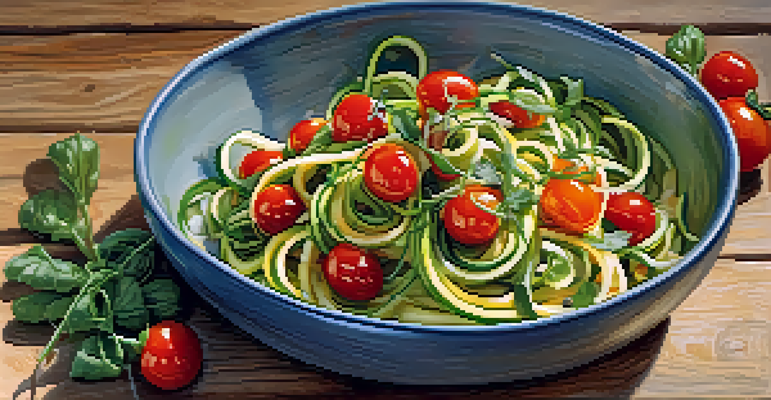 A close-up of a plated raw food dish with zucchini noodles, cherry tomatoes, and herbs, set on a rustic ceramic plate with warm lighting.