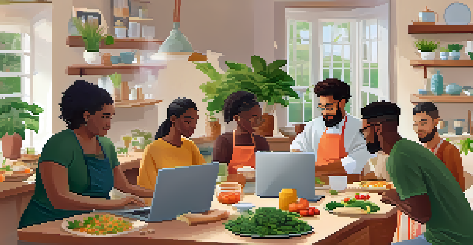 A cozy living room where a diverse group of individuals participates in a virtual cooking class, engaging with fresh ingredients in front of their laptops.