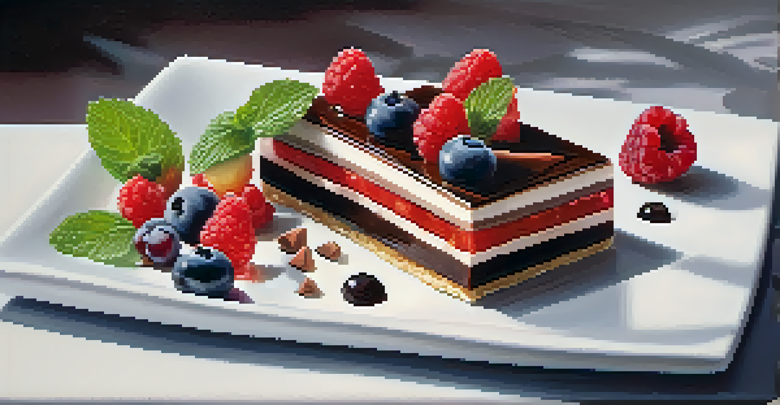 A rich raw chocolate tart and a layered fruit parfait elegantly displayed on a marble surface, decorated with fresh berries and mint leaves.