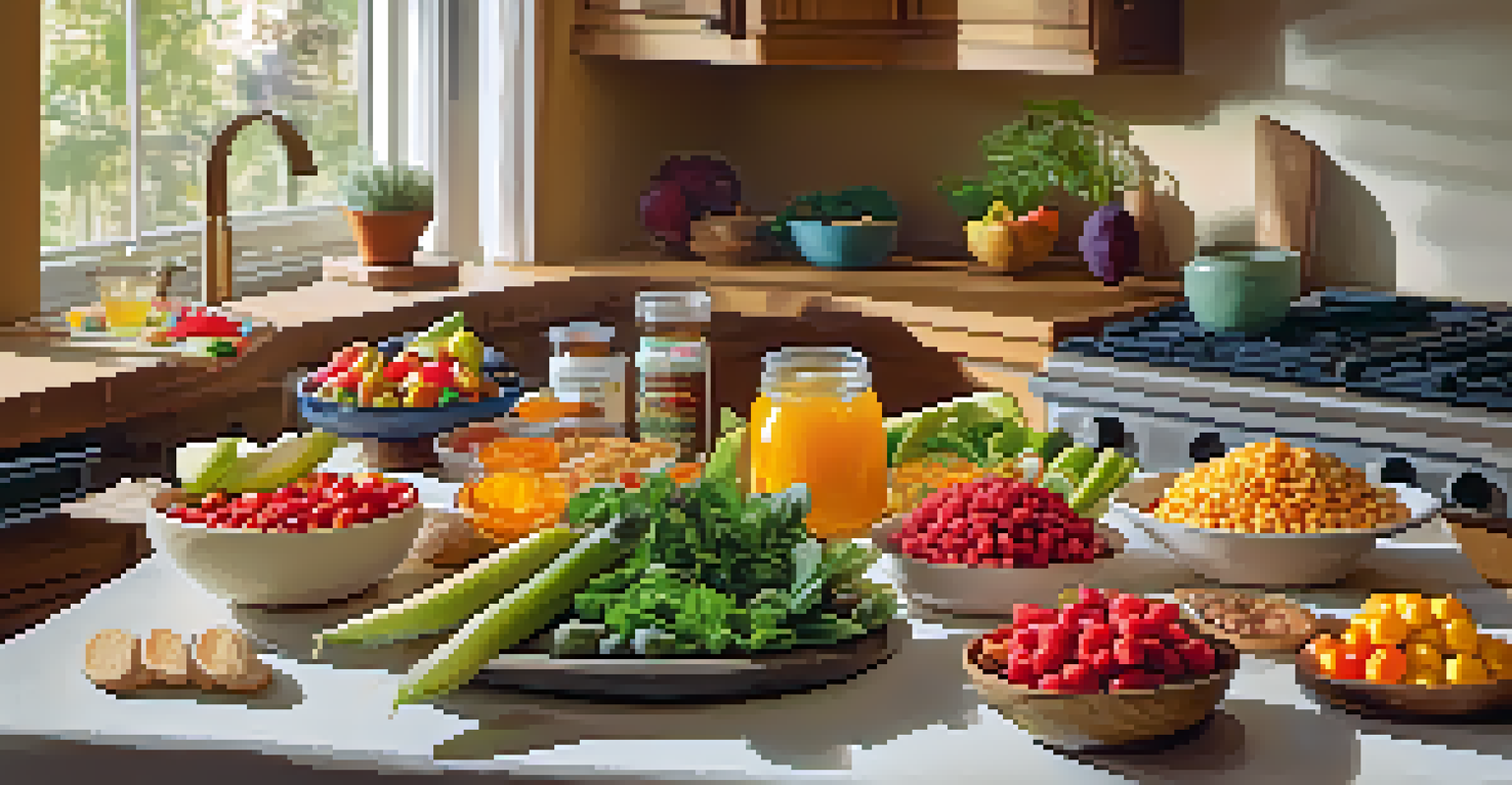 A kitchen countertop displaying an assortment of raw snacks including vegetable sticks, fruit salad, and honey.