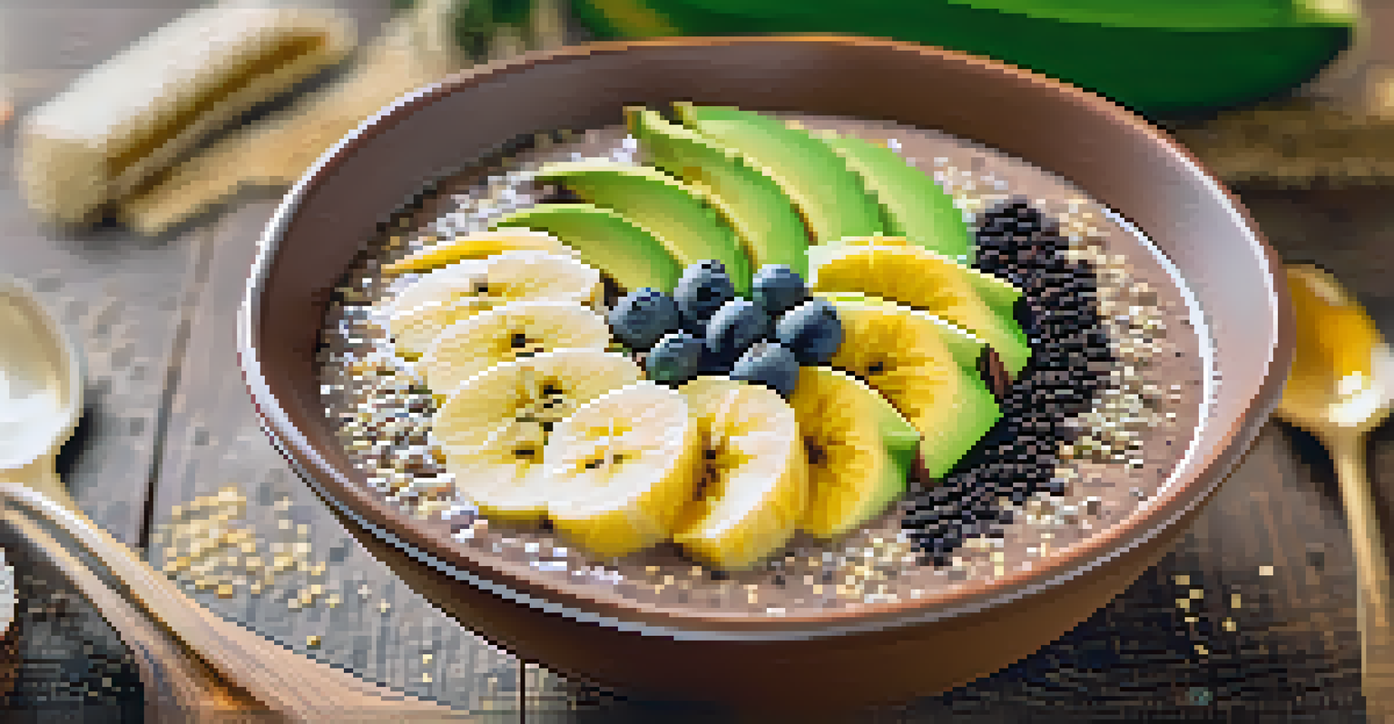 A smoothie bowl filled with cocoa and avocado, garnished with bananas, chia seeds, and honey on a wooden table.