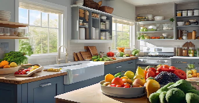 A clean kitchen workspace with bright light, showcasing organized fruits and vegetables in clear bins, ready for raw food preparation.
