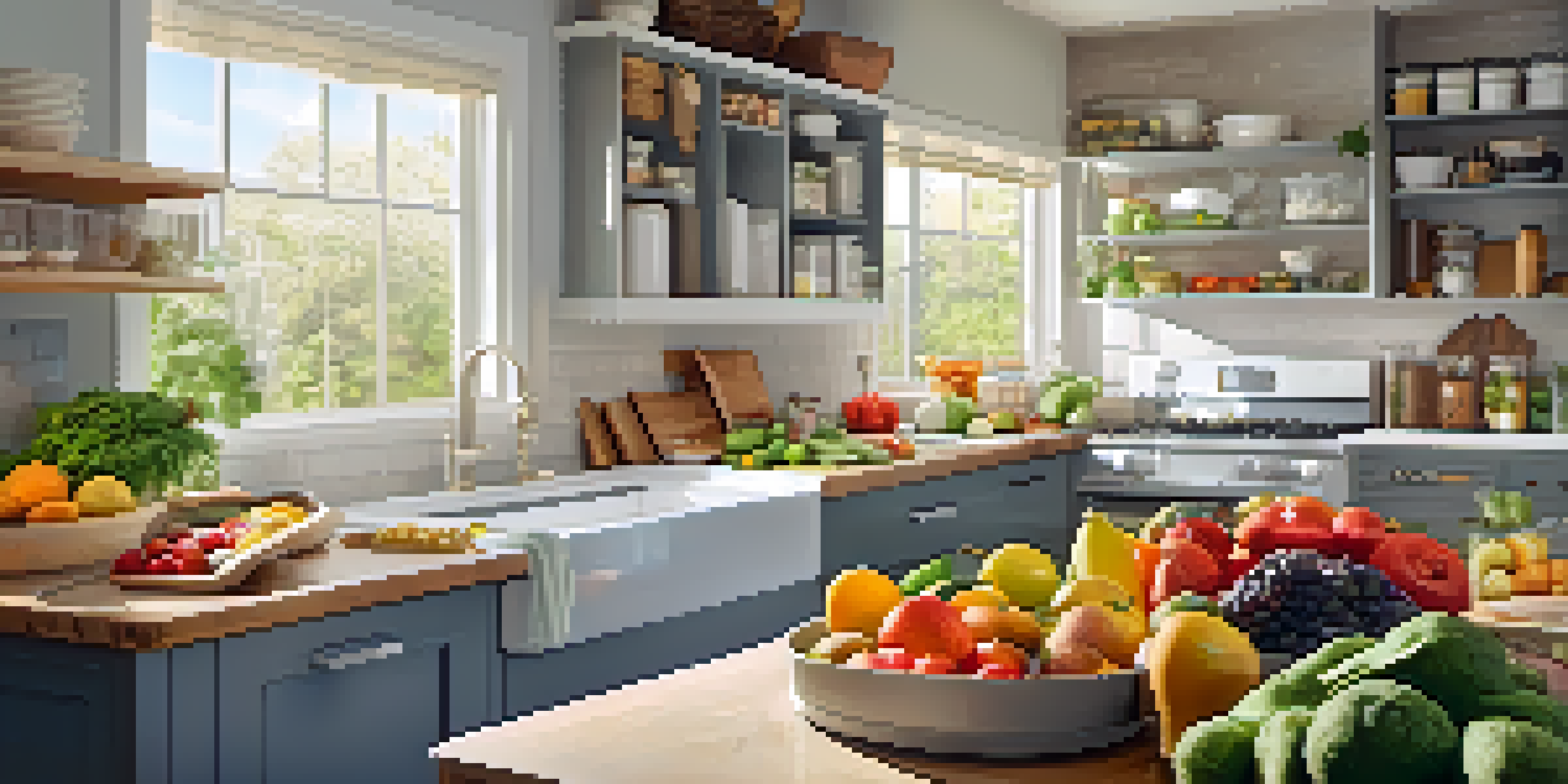 A clean kitchen workspace with bright light, showcasing organized fruits and vegetables in clear bins, ready for raw food preparation.
