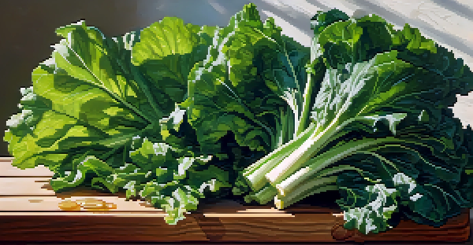 A close-up of fresh leafy greens on a wooden cutting board with sunlight creating a dappled effect.