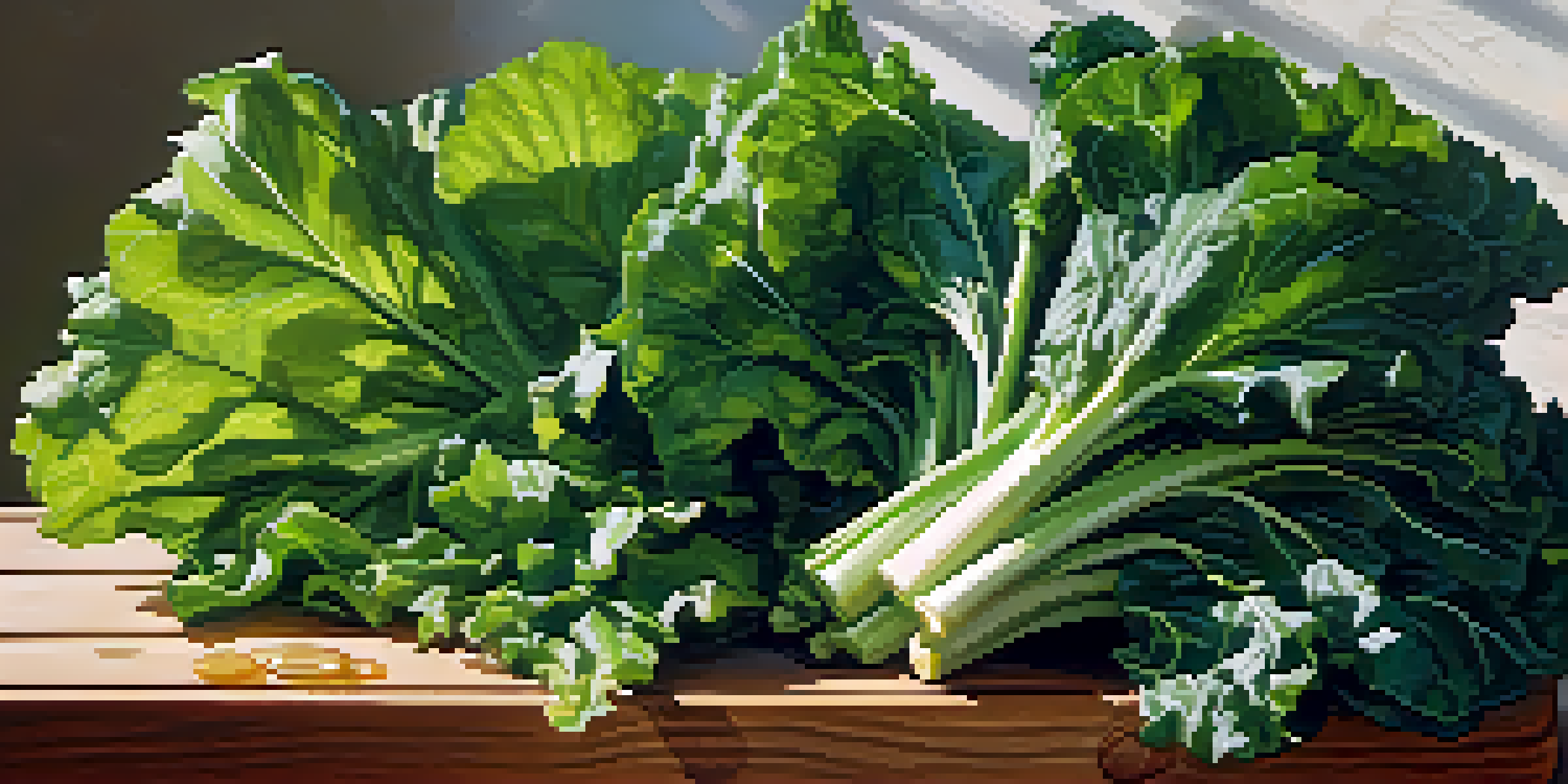 A close-up of fresh leafy greens on a wooden cutting board with sunlight creating a dappled effect.