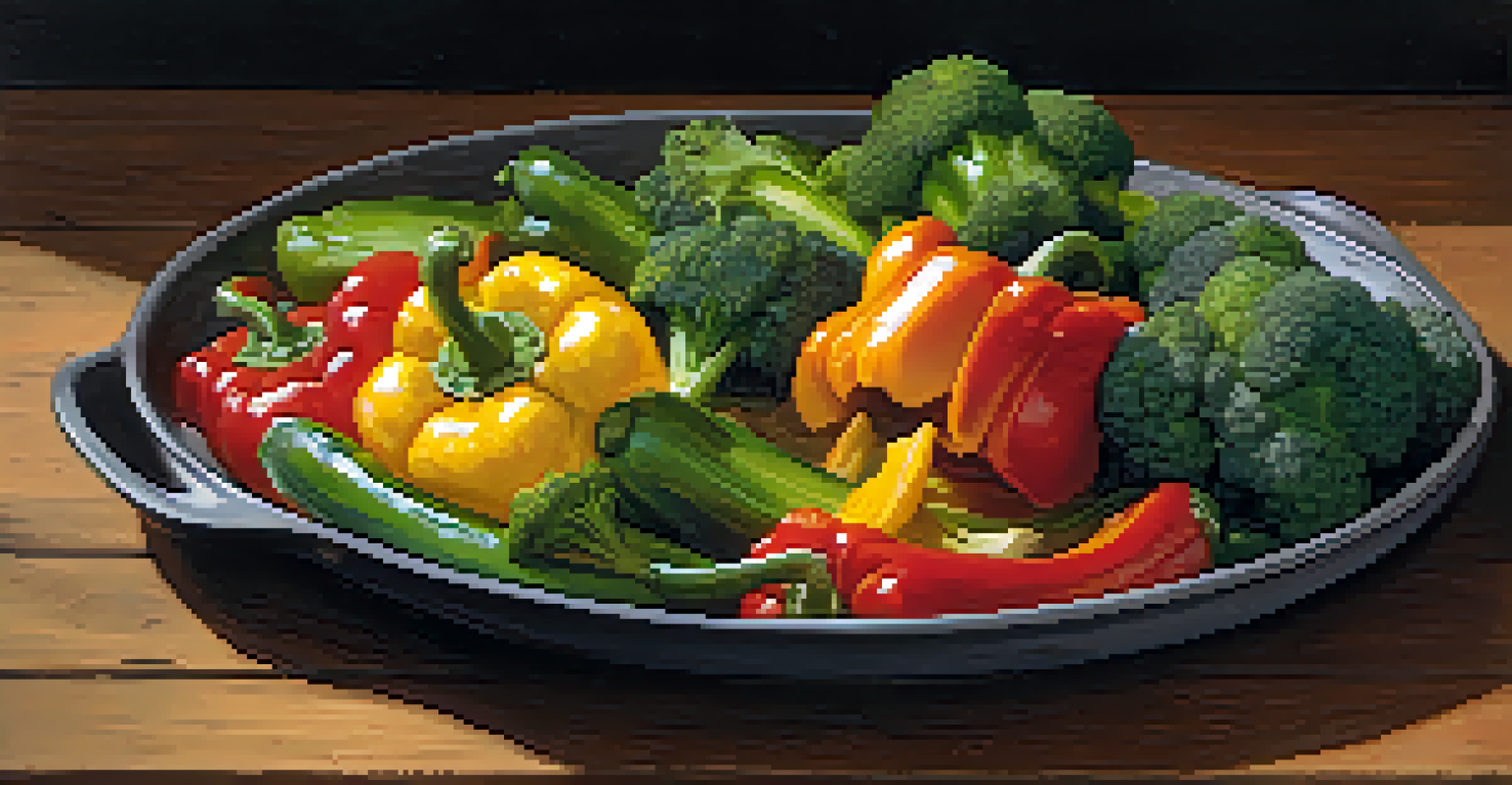 A plate of sautéed bell peppers, zucchini, and broccoli, garnished with herbs, with steam rising from the dish.
