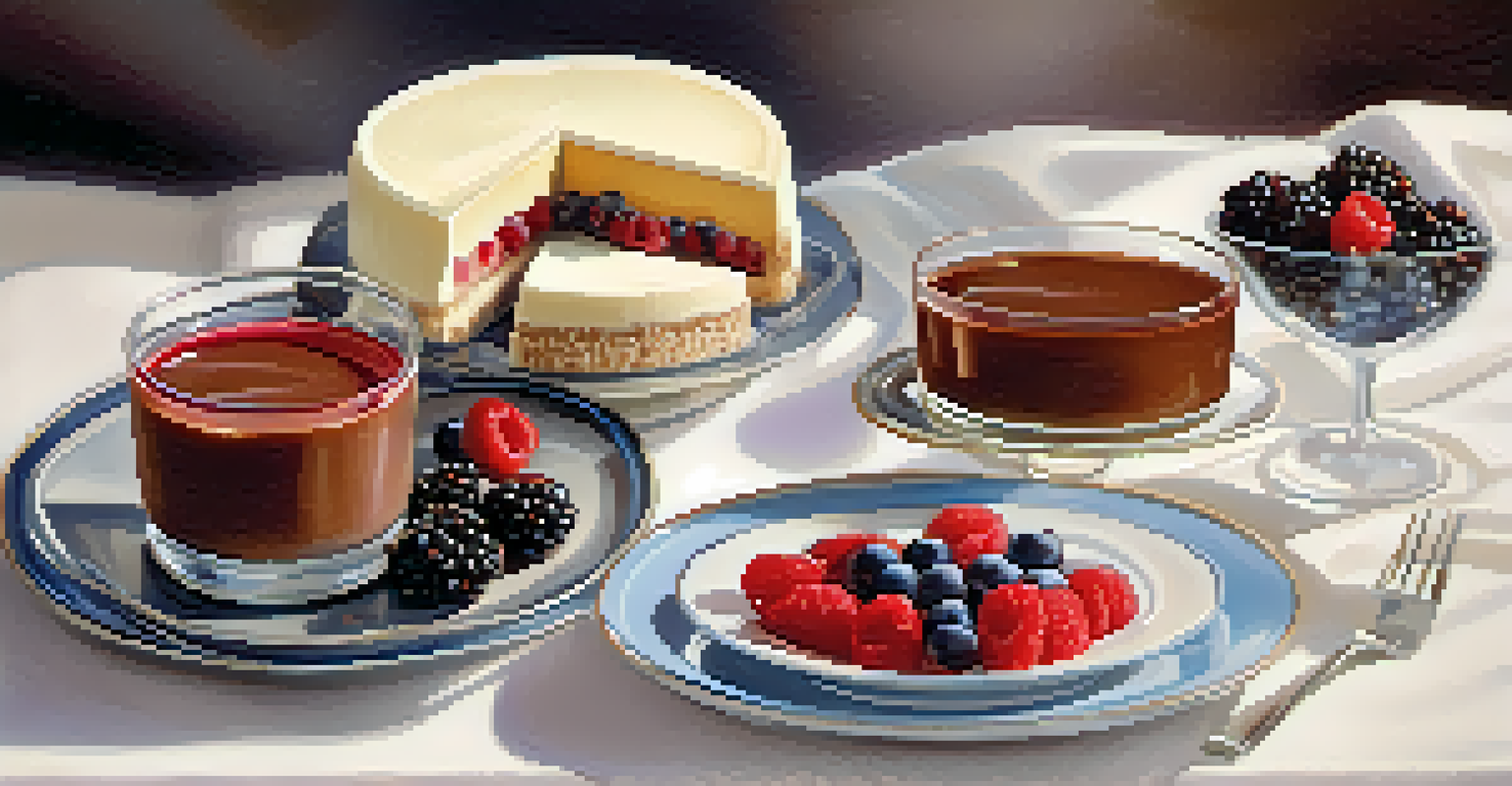 A selection of raw desserts including chocolate mousse and cheesecake, beautifully arranged on a light tablecloth.