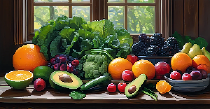 An assortment of colorful raw fruits and vegetables displayed on a wooden table, illuminated by natural light.