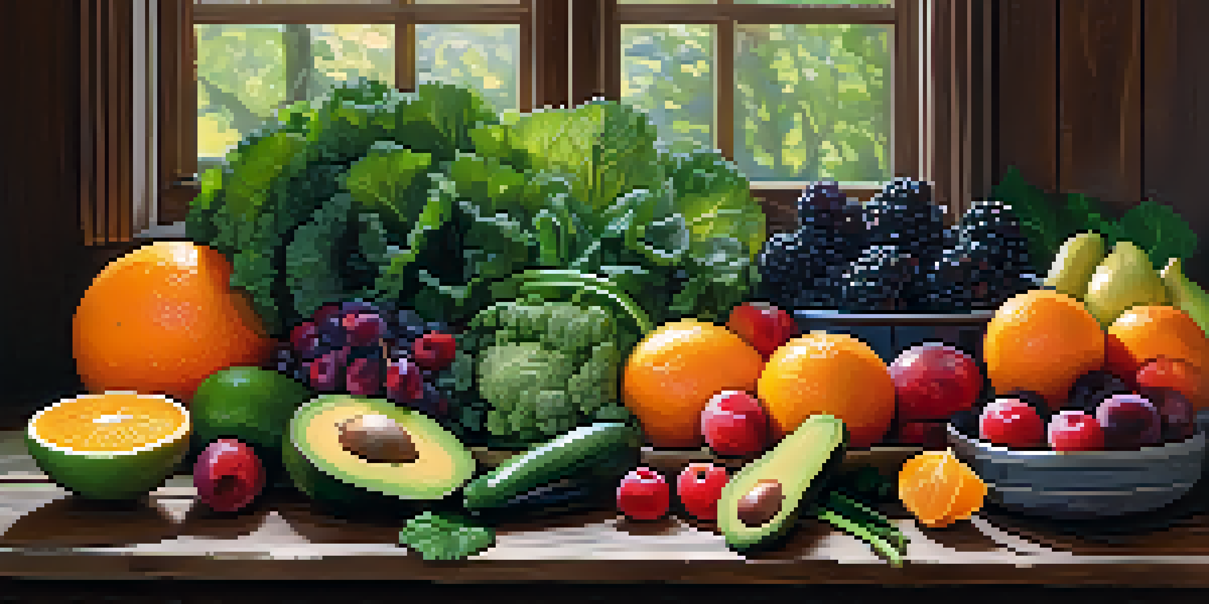 An assortment of colorful raw fruits and vegetables displayed on a wooden table, illuminated by natural light.