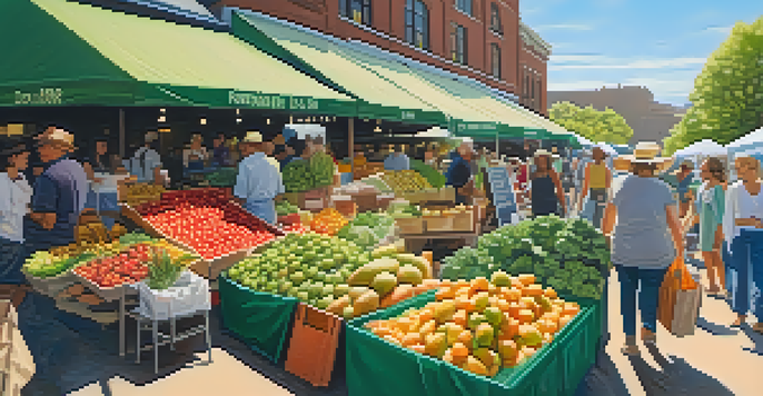 A bustling farmers' market with fresh fruits and vegetables, including avocados and berries, with people shopping and interacting with vendors.