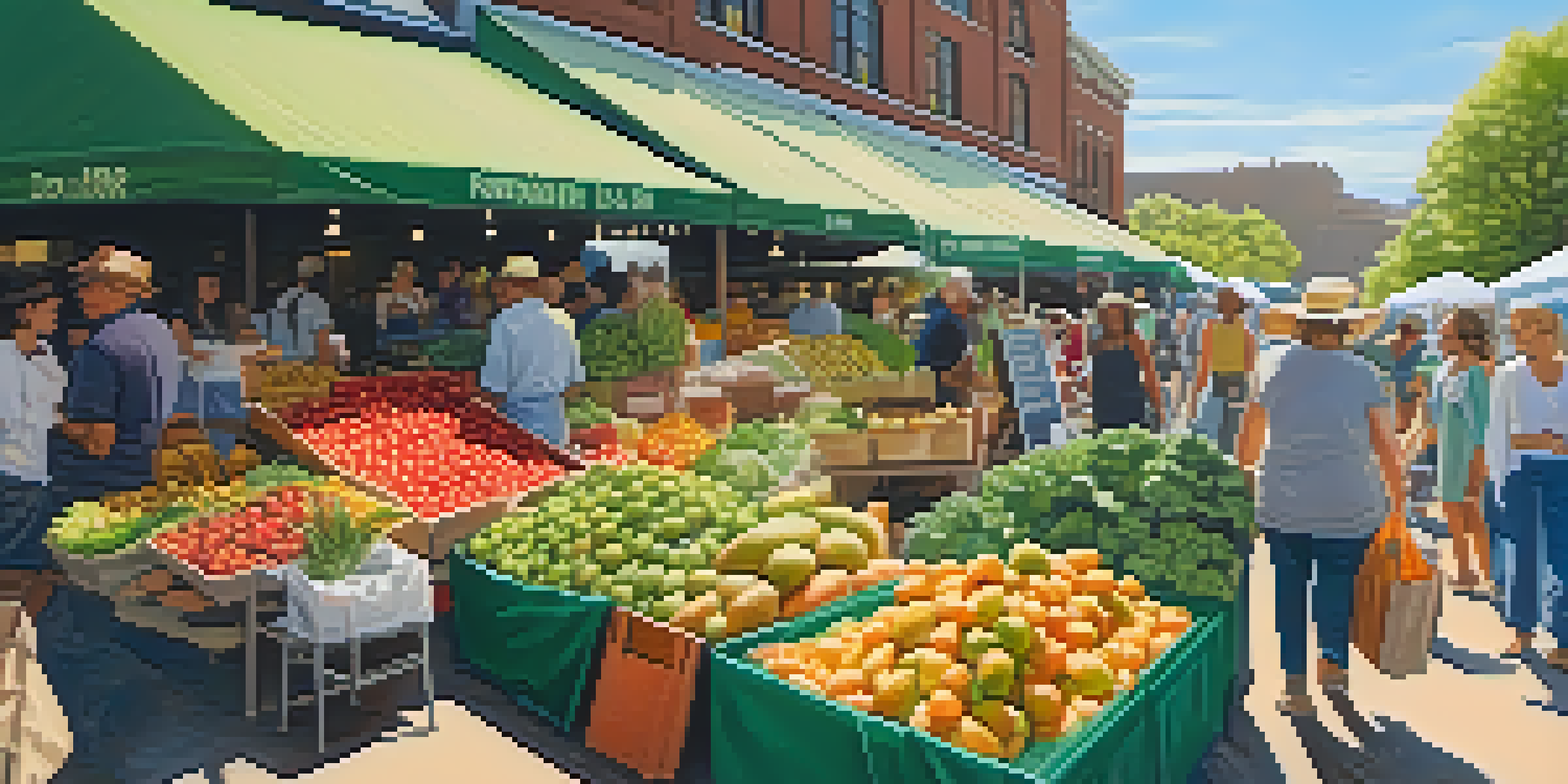 A bustling farmers' market with fresh fruits and vegetables, including avocados and berries, with people shopping and interacting with vendors.