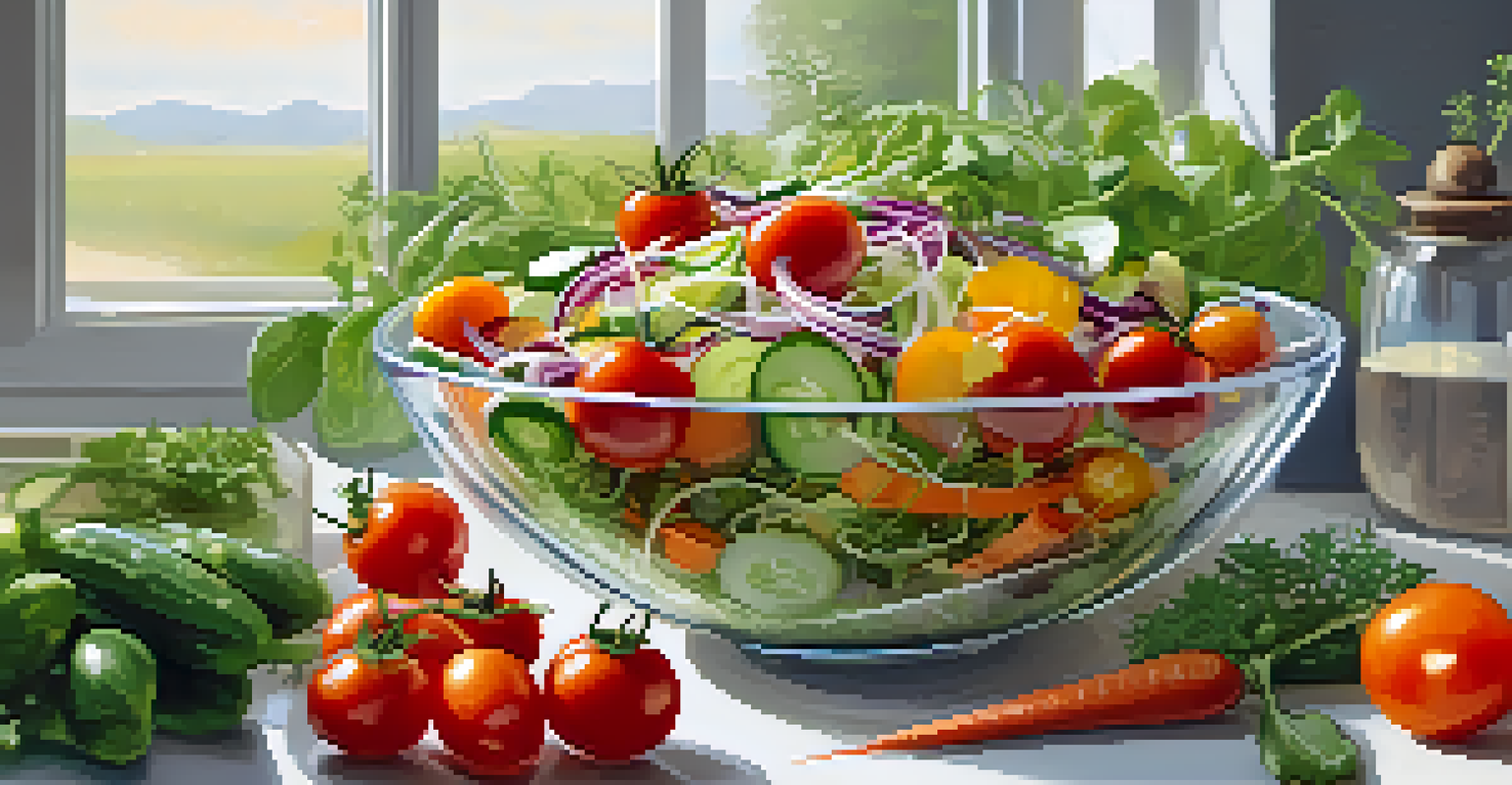A colorful raw salad displayed in a glass bowl with various fresh ingredients, set on a kitchen countertop with natural light.
