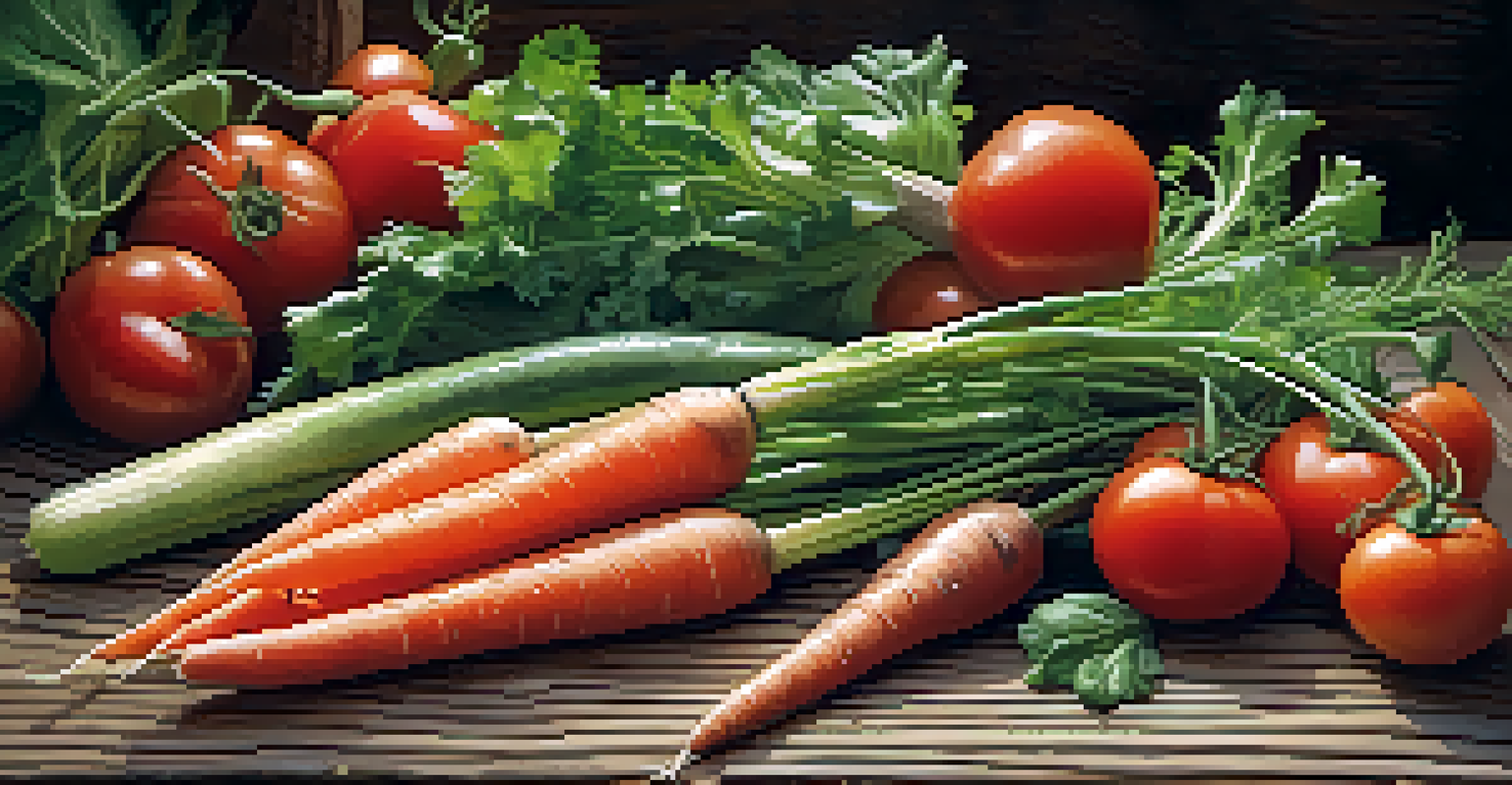 Close-up of freshly harvested organic vegetables on a rustic wooden table.
