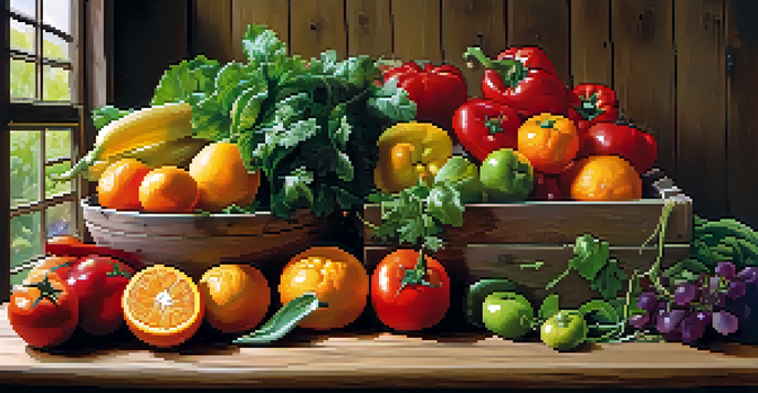 A colorful arrangement of raw fruits and vegetables on a wooden table, illuminated by soft natural light.